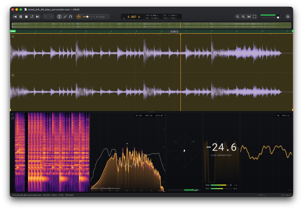 xfEdit: waveform, spectrogram, spectrum analyser, stereo field and LUFS meters